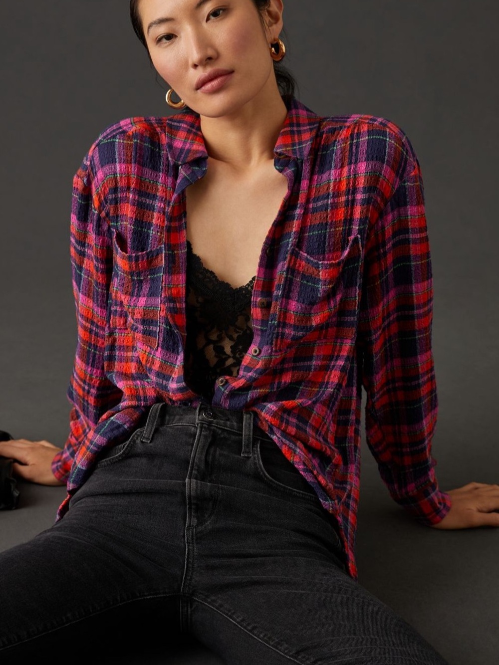 Anthropologie Pilcro Relaxed Plaid Flannel Button Down Shirt Cozy Oversized XS